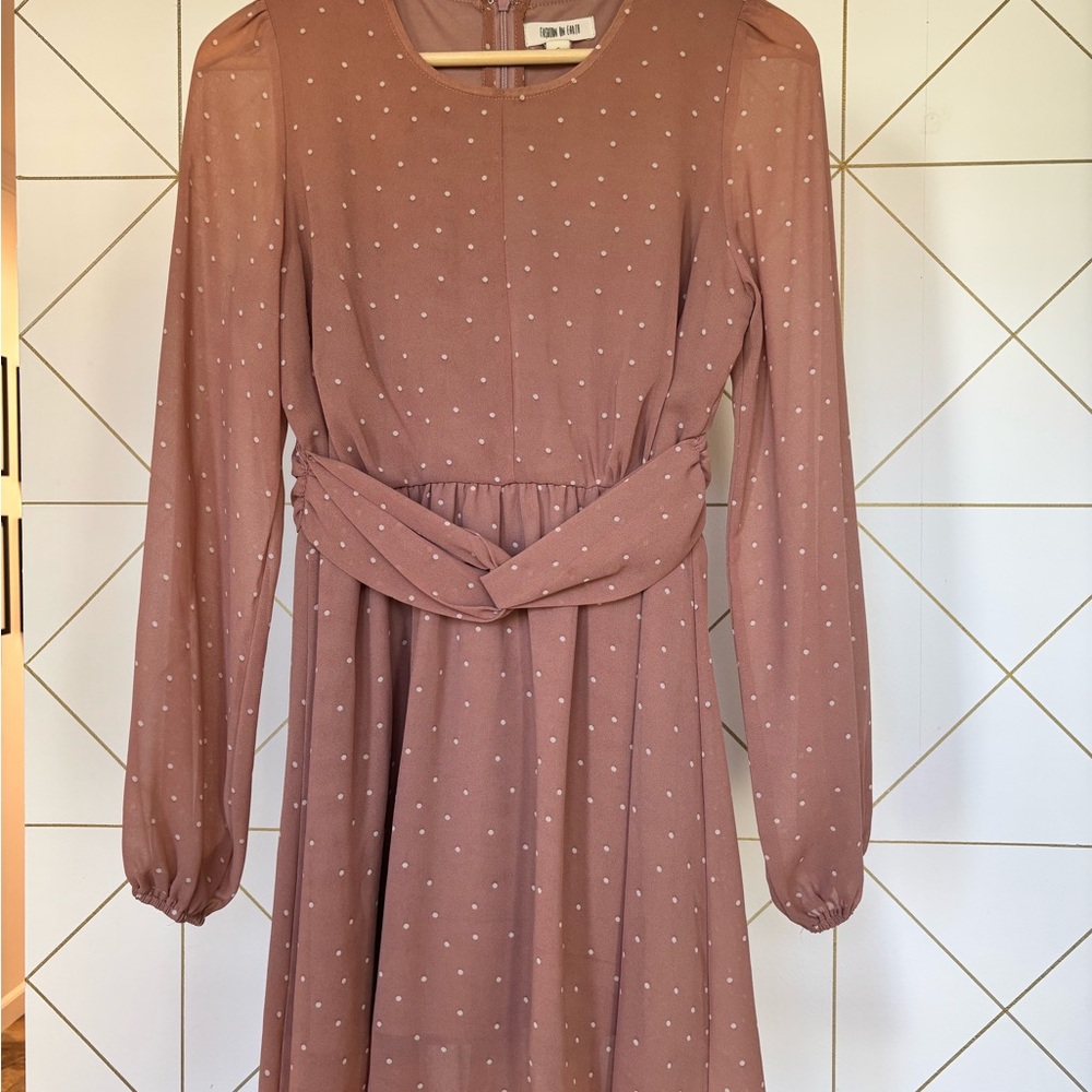 Dusty Pink Polka Dot Long Sleeve Midi Dress with Twisted Waist, Sheer Sleeves